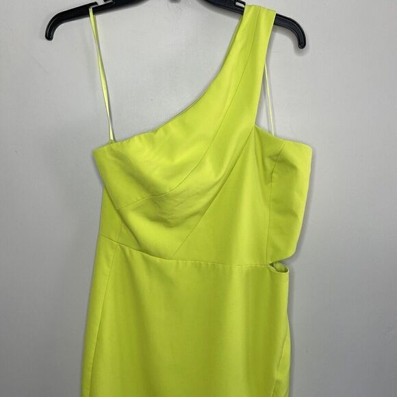 AIDAN Aidan Mattox Gown Women 6 Neon Green One Shoulder Sheath Cut Out High Slit - Picture 2 of 11